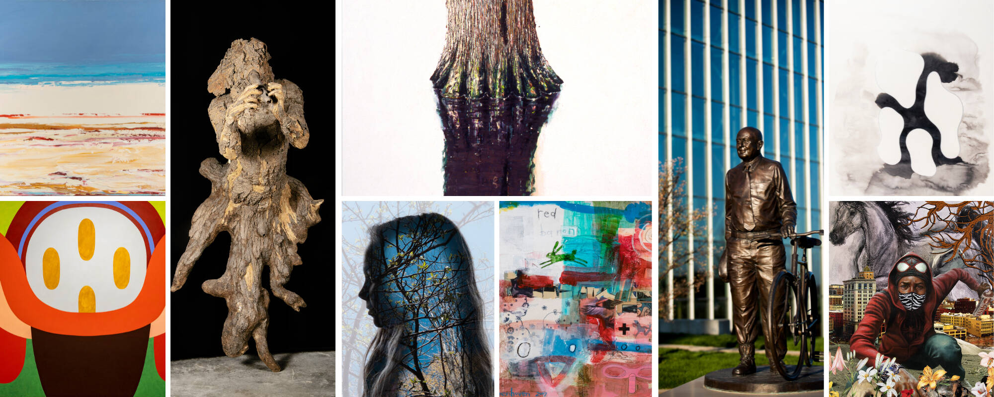 Collage of nine different images that represent different mediums found in the GVSU Art Museum Collection including paintings, photograph and sculpture.